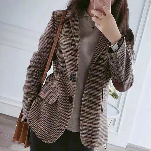 

Women's Blazer Warm Breathable Formal Office Work Patchwork Pocket Single Breasted Turndown Vintage OL Style Formal Comfortable Plaid Regular Fit Outerwear Long Sleeve Winter Fall Brown M L XL XXL 3XL