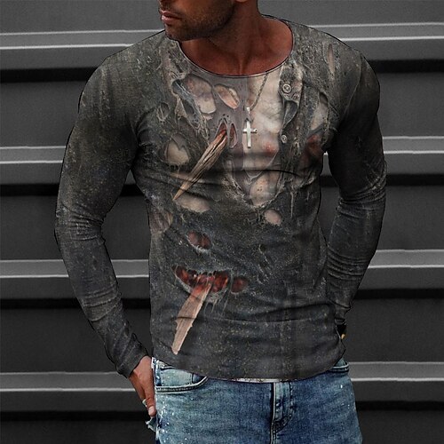 

Men's T shirt Tee Tee Graphic Round Neck Gray Long Sleeve 3D Print Casual Daily Print Tops Fashion Designer Comfortable Big and Tall