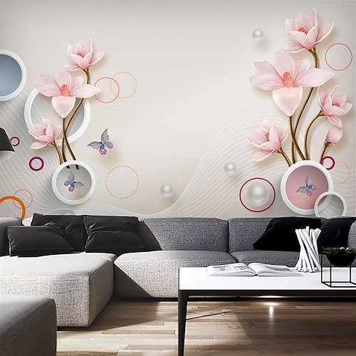 

Mural Wallpaper Pink Flowers 3D Home Decoration Comtemporary Classic Canvas Material Self adhesive Wallpaper Mural Wall Cloth Room Wallcovering