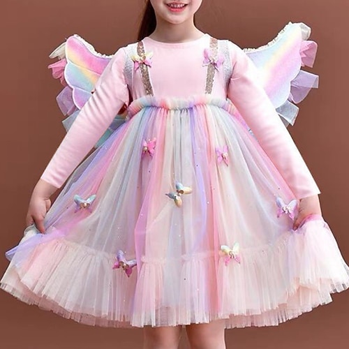 

Kids Little Girls' Dress colour A Line Dress Performance Holiday Mesh Patchwork Blue Pink Knee-length Long Sleeve Princess Sweet Dresses Fall Winter Regular Fit 2-8 Years
