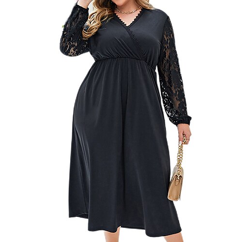 

Women's Plus Size Casual Dress Solid Color V Neck Lace Long Sleeve Fall Spring Casual Midi Dress Causal Daily Dress