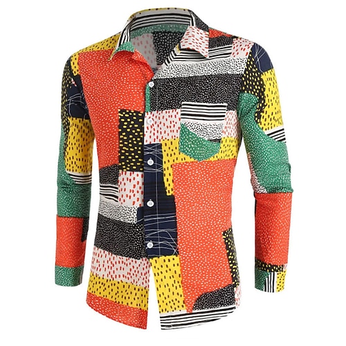 

Men's Shirt 3D Print Color Block Turndown Street Casual Button-Down Print Long Sleeve Tops Casual Vintage Retro Breathable Orange