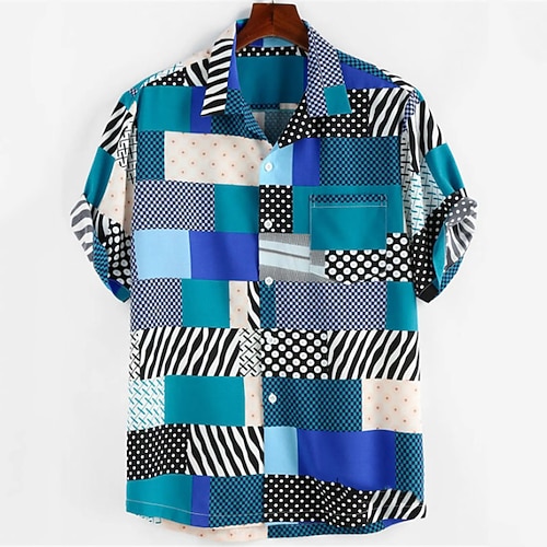 

Men's Shirt 3D Print Color Block Turndown Street Casual Button-Down Print Short Sleeves Tops Designer Casual Vintage Retro Blue / Summer