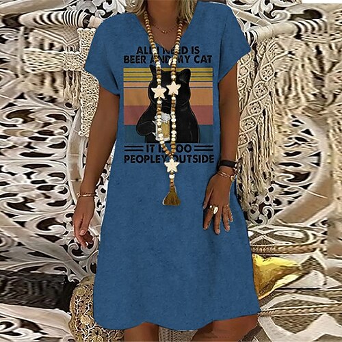 

Women's Shift Dress Casual Dress Short Mini Dress Blue Short Sleeve Cat Letter Animal Print Spring Summer V Neck Casual Vacation 2022 S M L XL XXL 3XL