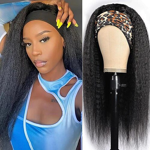 

Remy Human Hair Wig Long Yaki Straight With Headband Natural Black Adjustable Natural Hairline Glueless Machine Made Capless Brazilian Hair All Natural Black #1B 10 inch 12 inch 14 inch Daily Wear