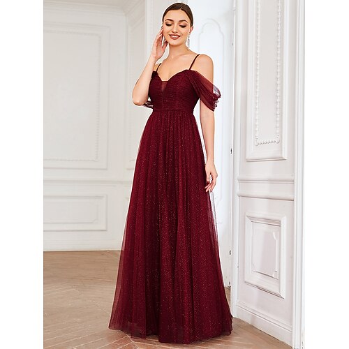 

A-Line Bridesmaid Dress Spaghetti Strap / Off Shoulder Short Sleeve Elegant Floor Length Tulle with Draping / Ruching / Solid Color 2022