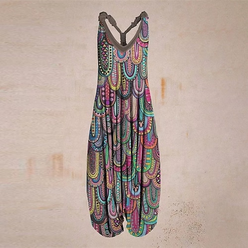 

Women's Overall Backless Print Geometric V Neck Casual Street Daily Regular Fit Sleeveless Green Blue Yellow S M L Spring