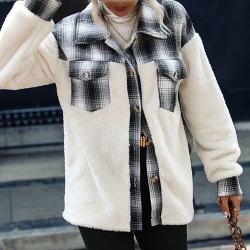 

Women's Casual Jacket Warm Breathable Outdoor Holiday Daily Wear Casual Daily Patchwork Pocket Single Breasted Turndown Comfortable Street Style Plush Shacket Plaid Regular Fit Outerwear Long Sleeve