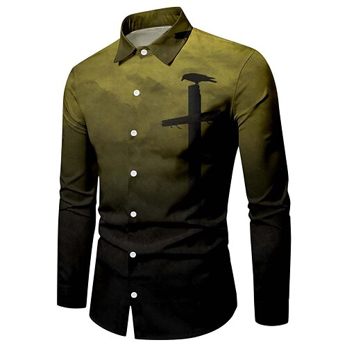 

Men's Shirt Cross Turndown Green Long Sleeve 3D Print Outdoor Halloween Button-Down Print Tops Vintage Cool Designer Casual