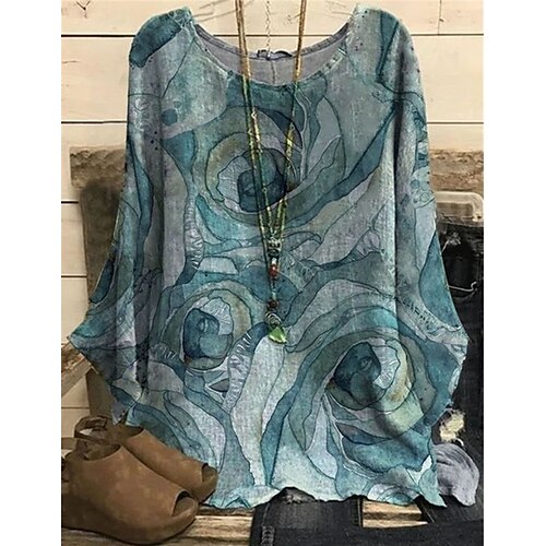 

Women's Plus Size Tops Blouse Shirt Floral Print Long Sleeve Crewneck Casual Daily Vacation Polyester Fall Spring Blue