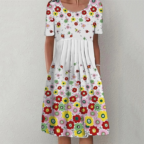 

Women's Casual Dress Shift Dress Knee Length Dress White Red Short Sleeve Floral Ruched Pocket Print Spring Summer Crew Neck Casual Vacation Slim 2022 S M L XL XXL 3XL