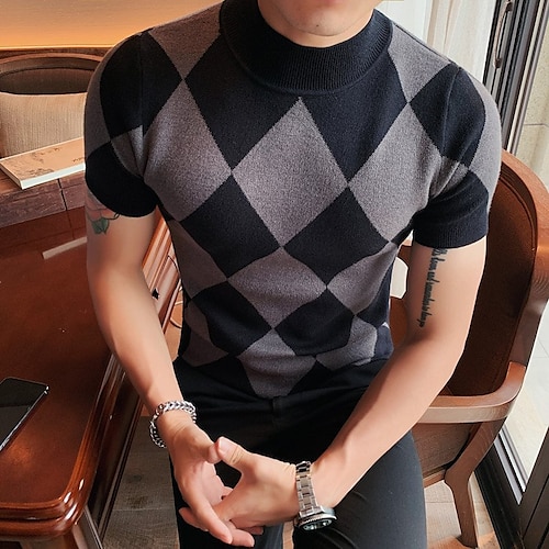 

Men's T shirt Tee Argyle Crew Neck Black / Gray Street Holiday Short Sleeve Print Clothing Apparel Casual Comfortable / Summer / Summer