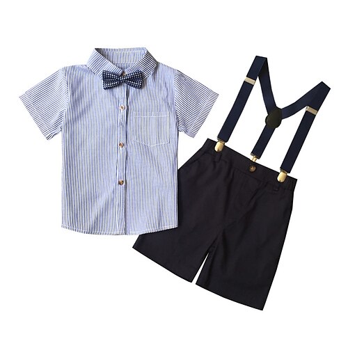 

Kids Boys Shirt Shorts Clothing Set 2 Pieces Short Sleeve Blue Stripe School Fashion Preppy Style 3-10 Years