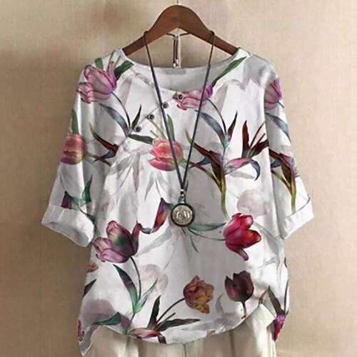 

Women's Plus Size Tops T shirt Tee Floral Leaf Print Short Sleeve Crewneck Streetwear Daily Going out Polyester Spring Summer Green Yellow