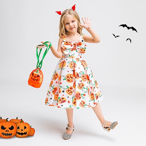 

Børn Lille Pige Kjole Grafisk A Linje Kjole Halloween Sløjfer Trykt mønster Hvid Knælang Uden ærmer Prinsesse Sød Stil Kjoler Halloween Tynd 3-12 år