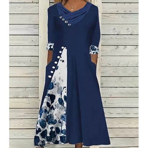 

Women's Casual Dress Midi Dress Dark Blue Half Sleeve Floral Ruched Fall Spring Autumn V Neck Modern Weekend 2022 S M L XL 2XL 3XL