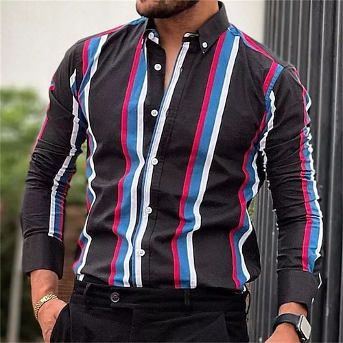 

Men's Shirt Striped Turndown Black Street Daily Long Sleeve Button-Down Print Clothing Apparel Fashion Casual Comfortable Big and Tall / Sports