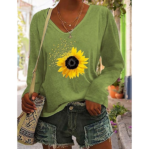 

Women's T shirt Tee Black White Blue Sunflower Print Long Sleeve Sports Weekend Basic V Neck Regular Floral Painting S
