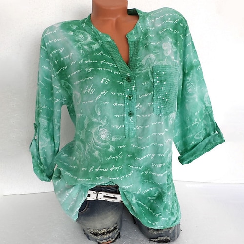 

Women's Plus Size Tops T shirt Tee Graphic Print Long Sleeve V Neck Streetwear Daily Going out Cotton Blend Fall Spring Green