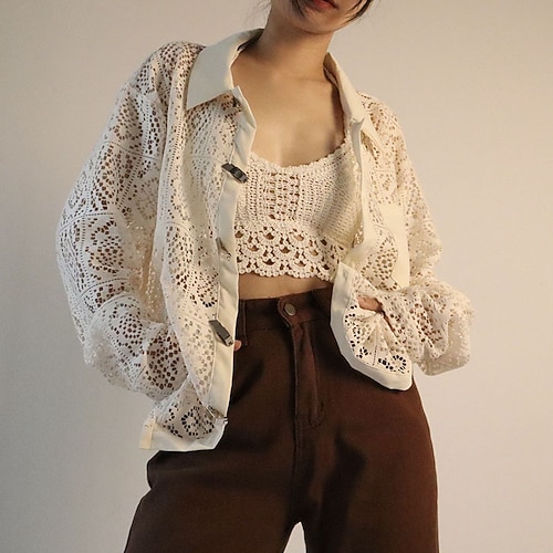 

Women's Cardigan Sweater Jumper Crochet Knit Knitted Hole Solid Color Shirt Collar Stylish Casual Daily Date Fall Winter Beige S M L / Long Sleeve / Regular Fit / Going out