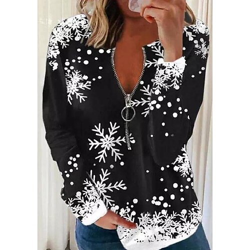 

Snowflake Zipper Long Sleeve Blouse - Black