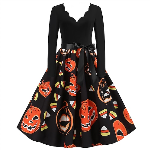 

Women's A Line Halloween Dress Swing Dress Knee Length Dress Black Long Sleeve Abstract Pumpkin Bow Print Fall Winter V Neck Stylish Vintage 2022 S M L XL XXL 3XL