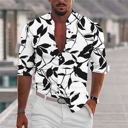 

Men's Shirt Graphic Shirt Leaves Stand Collar Green White 3D Print Outdoor Casual Long Sleeve Button-Down Print Clothing Apparel Fashion Designer Casual Comfortable / Sports