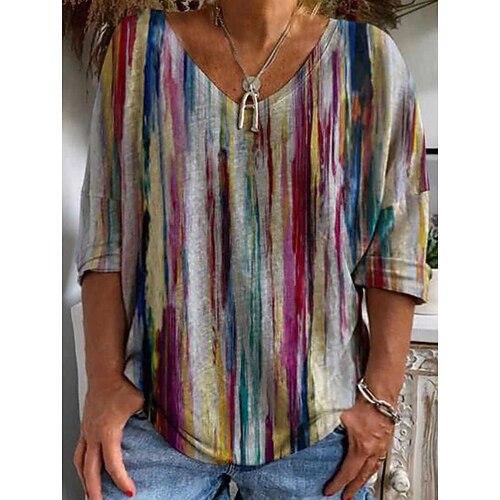 

Women's Plus Size Tops Blouse Color Gradient Print 3/4 Length Sleeve V Neck Festival Daily Vacation Polyester Fall Winter Gray