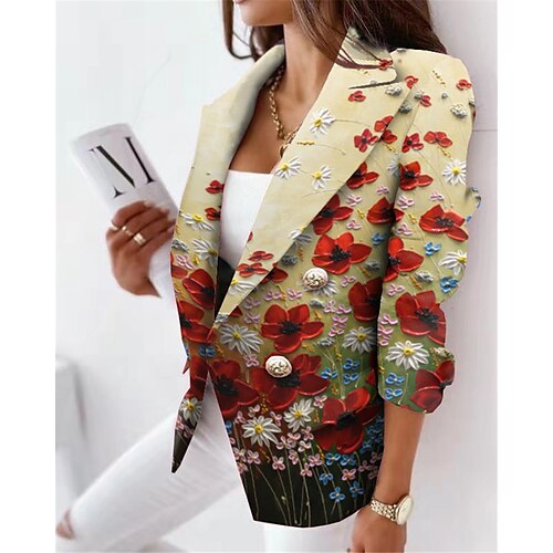 

Women's Blazer Breathable Office Work with Pockets Print Double Breasted Turndown Formal Floral Regular Fit Outerwear Long Sleeve Winter Fall Yellow S M L XL XXL 3XL