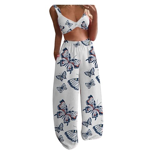 

Women's Pajamas Sets Pjs 2 Pieces Butterfly Flower Comfort Home Daily Polyester Straps Sleeveless Backless Pocket Spring Summer Blue Khaki