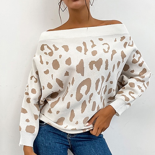 

Women's Pullover Sweater Jumper Ribbed Knit Knitted Leopard Off Shoulder Stylish Casual Daily Holiday Fall Winter Beige S M L / Long Sleeve