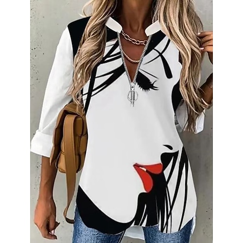 

Women's Blouse Portrait Casual Blouse Shirt Long Sleeve Print Standing Collar White S