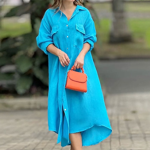 

Women's Shirt Dress Shift Dress Midi Dress Blue Long Sleeve Pure Color Pocket Button Fall Winter Shirt Collar Casual Classic 2022 S M L XL / Linen / Casual Dress