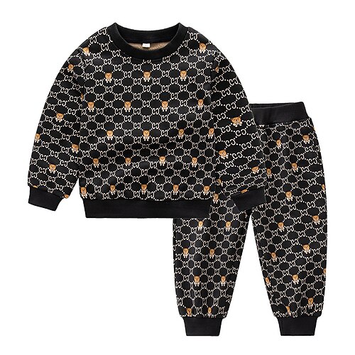 

Kids Boys Hoodie Pants Clothing Set 2 Pieces Long Sleeve Black Cartoon Bear Outdoor Daily Street Style 1-5 Years
