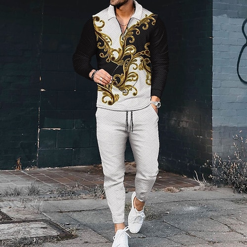 

Men's Set Geometry Turndown Black / White White gray Black White Red White Black 3D Print Casual Long Sleeve 3D Clothing Apparel Casual / Spring / Slim
