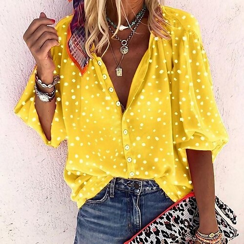 

Mulheres Camisa Social Blusa Branco Amarelo Azul Poá Botão Imprimir Manga Longa Casual Básico Decote V Padrão S