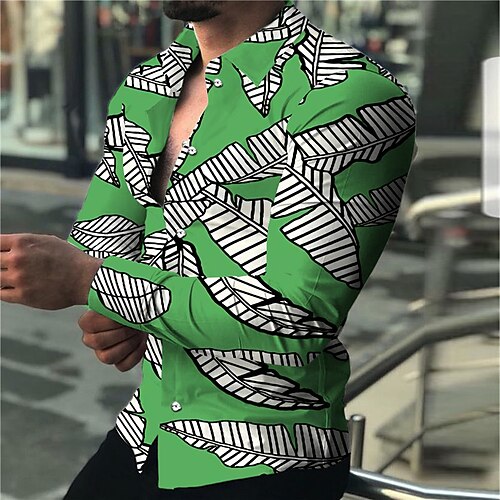 

Men's Shirt Leaves Turndown Green Long Sleeve 3D Print Outdoor Street Button-Down Print Tops Fashion Designer Casual Breathable