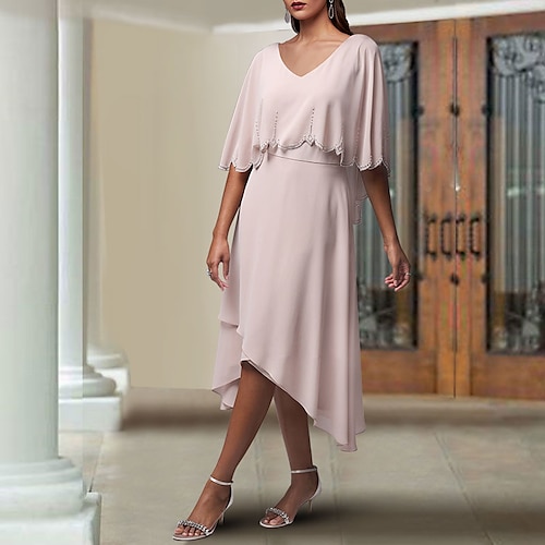 

A-Line Mother of the Bride Dress Vintage Elegant V Neck Asymmetrical Tea Length Chiffon Short Sleeve with Beading Ruffles 2022