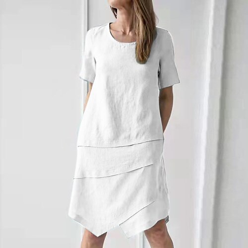 

Women's Casual Dress Shift Dress Knee Length Dress White Black Light Blue Short Sleeve Pure Color Patchwork Fall Spring Crew Neck Basic Casual 2022 S M L XL XXL 3XL 4XL 5XL