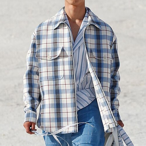 

Men's Flannel Shirt Shirt Jacket Shacket Thick Shirt Casual Shirt Plaid / Check Turndown Light Blue Street Daily Long Sleeve Zipper Clothing Apparel Fashion Casual Comfortable