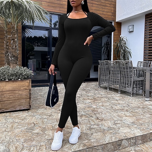 

Women's Jumpsuit High Waist Lace up Solid Color Halter Neck Casual Street Sport Regular Fit Long Sleeve Black Gray Royal Blue S M L Fall