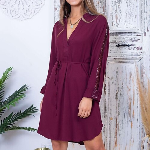 

Women's Shirt Dress A Line Dress Short Mini Dress Black Wine Dark Blue Long Sleeve Pure Color Sequins Lace up Fall Winter V Neck Stylish Mature 2022 S M L XL XXL