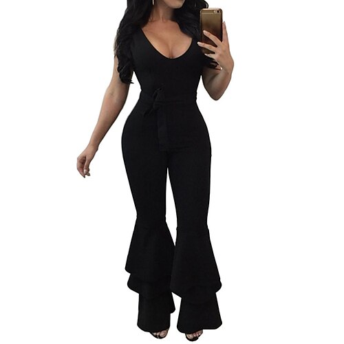 

Women's Jumpsuit High Waist Ruffle Solid Color V Neck Elegant Party Going out Regular Fit Sleeveless Green Black Blue S M L Fall