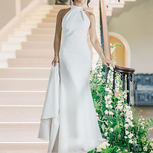 

Sheath / Column Wedding Dresses High Neck Court Train Italy Satin Sleeveless Simple Sexy Backless with Solid Color 2022