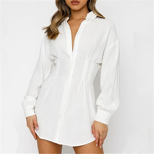 

Women's Shirt Dress Black Rose Red White Long Sleeve Pure Color Ruched Winter Fall Autumn Shirt Collar Winter Dress Fall Dress 2022 S M L XL XXL 3XL