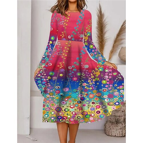 

Women's Casual Dress A Line Dress Midi Dress Rainbow Long Sleeve Floral Pocket Print Fall Winter Round Neck Casual Vacation 2022 S M L XL XXL 3XL