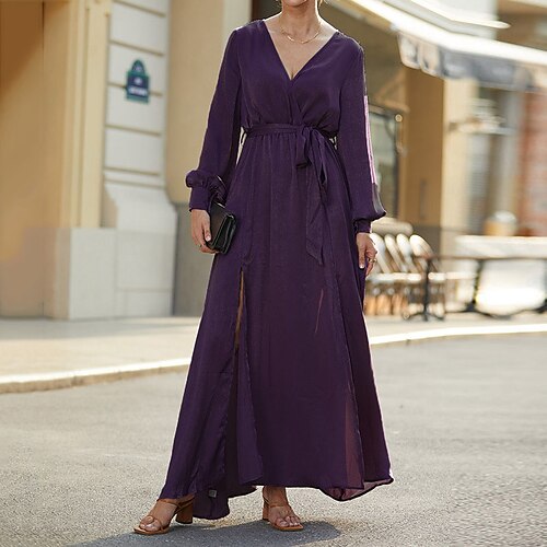 

Women's A Line Dress Swing Dress Maxi long Dress Purple Long Sleeve Pure Color Lace up Fall Winter V Neck Casual Classic Loose 2022 S M L XL XXL