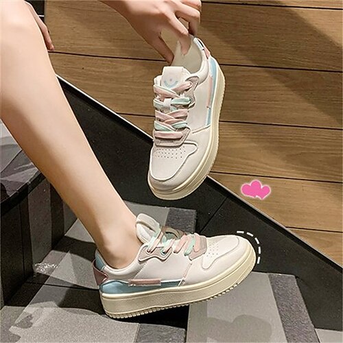 

Women's Sneakers Outdoor Daily Comfort Shoes White Shoes Lace-up Flat Heel Round Toe Casual Sweet Walking Shoes Faux Leather Lace-up Color Block White / Pink White / Yellow