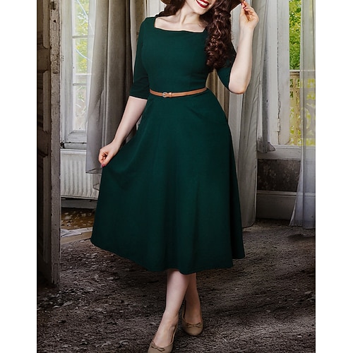

A-Line Evening Dresses Elegant Dress Party Wear Tea Length Half Sleeve Square Neck Stretch Fabric with Sash / Ribbon Pure Color 2022