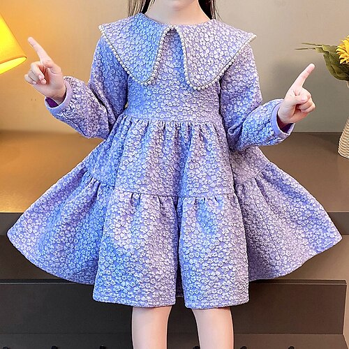 

Meninas Manga Longa Cor Sólida Gráfico impresso em 3D Vestidos Princesa Doce Altura dos Joelhos Algodão Poliéster Vestido Verão Infantil Festa Festival Normal Com Miçangas